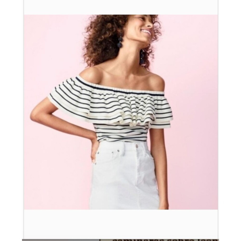 Jcrew Off The Shoulder Ruffle Knit Top Striped Size M Nautical Coastal Preppy